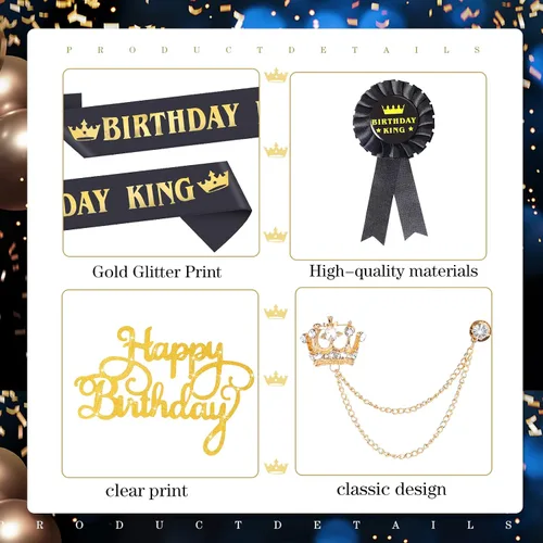 Miniatura 5 de Junkin 5 accesorios de cumpleaños para hombre, incluyen corona de rey con banda de hojalata, broche de cadena colgante para fiesta de cumpleaños