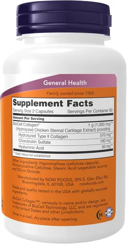 Miniatura 2 de NOW Foods Suplementos, BioCell Collagen® Colágeno Hidrolizado Tipo II, Validado Clínicamente, 120 Cápsulas Vegetales