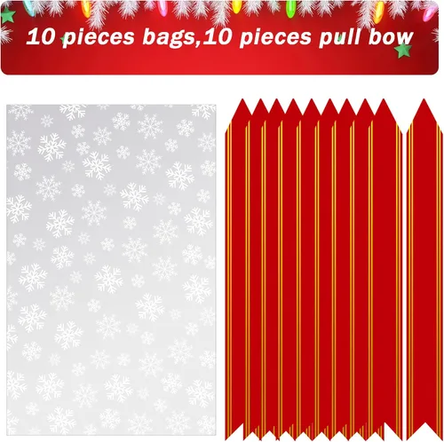 Miniatura 2 de Juego de 20 bolsas de cesta de copo de nieve de Navidad, 10 bolsas grandes de celofán de Navidad de 24 x 36 pulgadas y 10 lazos para canasta