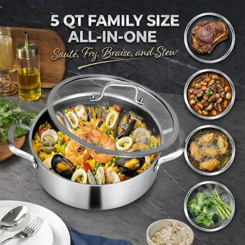 Miniatura 3 de Inqibee - Sartén híbrida de 5 QT de acero inoxidable con revestimiento cerámico de tres capas sin adherencia con tapa, olla de cocina de inducción