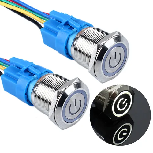 Miniatura 9 de 2 piezas de interruptor de botón de metal de cierre de 16 mm, 12V-24V, encendido/apagado, 1NO 1NC, impermeable, autoblocante, carcasa plateada