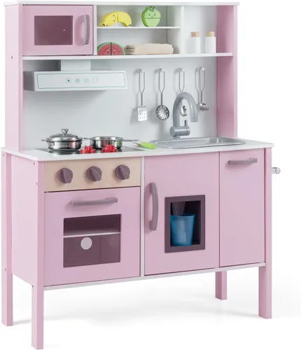 Miniatura 13 de HONEY JOY Juego de cocina para niños, cocina de madera para niños pequeños, microondas, campana extractora, máquina de hielo, 18 accesorios de Gris