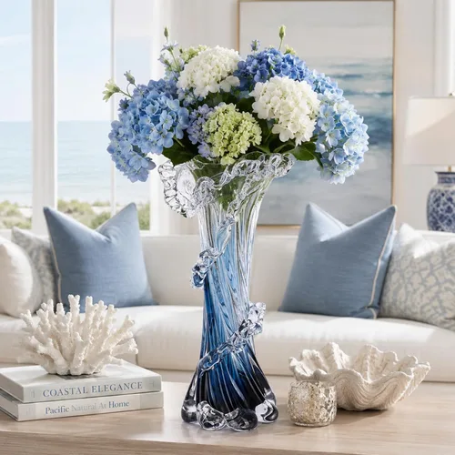 Miniatura 5 de Jarrón de vidrio soplado azul de 12 pulgadas de alto, florero costero soplado a mano de arte moderno, hermosos centros de mesa únicos de olas