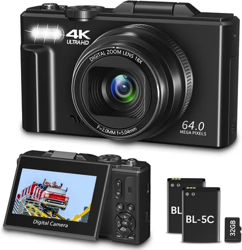 Cámara digital 4K para fotografía, cámara de vlogging de 64 MP para YouTube, cámaras de vlog WiFi con zoom digital de 18X, pantalla abatible de 3