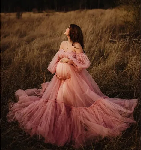 Miniatura 4 de Vestidos de maternidad de tul para sesión de fotos, batas de hombros descubiertos, manga larga, lencería nupcial, baby shower, vestidos de embarazo