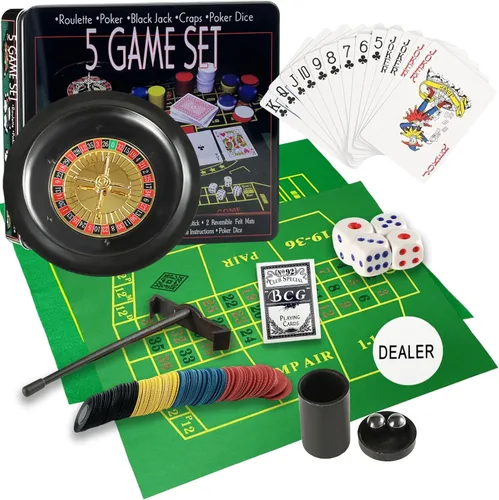 Juego de ruedas de ruleta profesional 5 en 1, rueda de juego de 10 pulgadas, con 100 fichas, 3 alfombrillas de mesa de juego diferentes, rastrillo y
