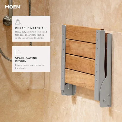 Miniatura 2 de Moen Muebles de seguridad para el baño, asiento de ducha plegable de aluminio de madera de teca, banco de ducha montado en la pared, DN7110