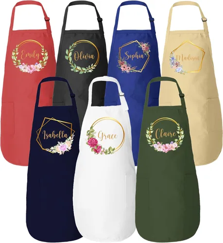 Miniatura 2 de ROKO CLOTHING Personalized Apron Floral Initials Design Name Text with Pockets - Custom Name Kitchen Aprons Women, Gift for Baking, Cooking