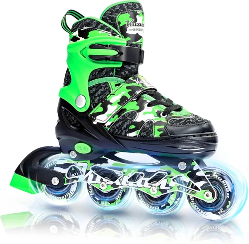 Kuxuan Patines en línea ajustables para niños con ruedas iluminadas, divertidos patines iluminadores para niños, niñas y jóvenes Verde
