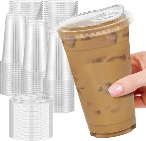 Dealusy Paquete de 100 - Vasos de Plástico Transparente de 20 oz con Tapas, Resistentes y Seguros para Alimentos, Vasos de Café Helado con Tapas,
