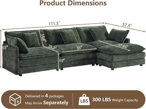 Miniatura 2 de Sofá modular modular de felpilla de asiento profundo, sofá en forma de L con almohadas y otomana móvil, cómodos sofás seccionales de nube de 3 Verde