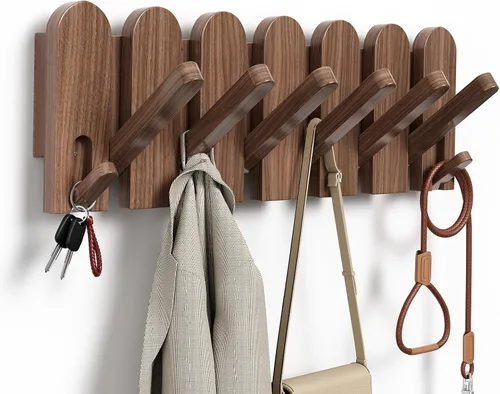 Perchero de madera de nogal, montaje en pared, 16.5 pulgadas, con 8 ganchos retráctiles, ganchos resistentes para colgar abrigos, sombreros,