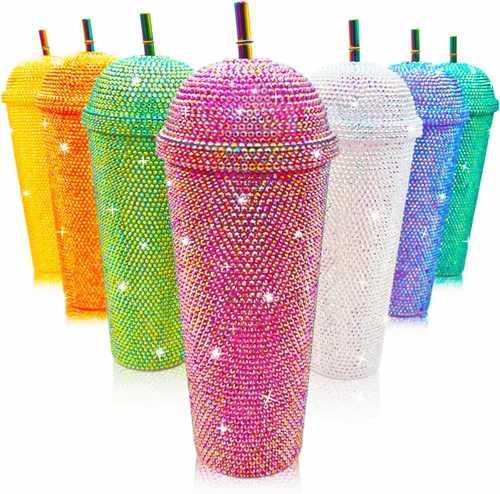Miniatura 6 de Vaso de 24 onzas con diamantes de imitación hechos a mano con tachuelas, botella de agua reutilizable de plástico con doble pared con tapa y pajitas