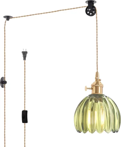 Miniatura 20 de Shenmoyl Lámpara colgante con pantalla de vidrio transparente a rayas, luz colgante vintage de latón, luz colgante ajustable para cocina, isla