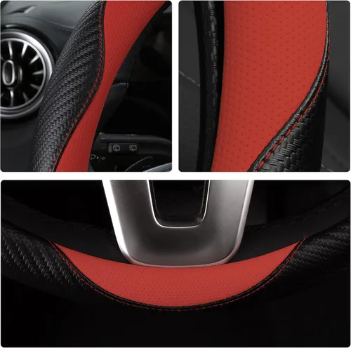 Miniatura 6 de HighnessHwoo Fundas acolchadas para volante de automóvil para mujer, de fibra de carbono, de piel sintética, accesorios interiores para vehículos
