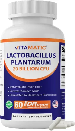 Vitamatic Lactobacillus Plantarum - 20 mil millones por cápsula DR - 60 unidades - Soporte digestivo - Fabricado con fibra prebiótica de inulina