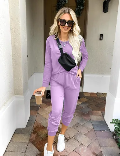 Miniatura 285 de Ekouaer Conjunto de pijama de manga larga para mujer, ropa de dormir suave con cuello redondo y bolsillos