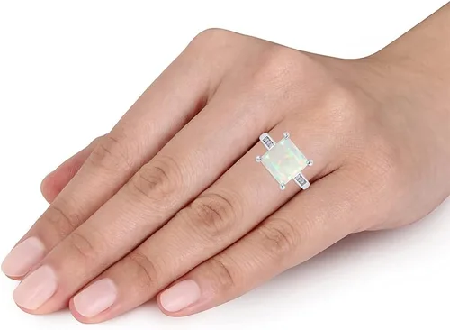 Miniatura 8 de GEMVIO Colección Anillo de compromiso de boda de compromiso con diamantes y piedras preciosas de ópalo blanco natural de 0.315in en oro de 14