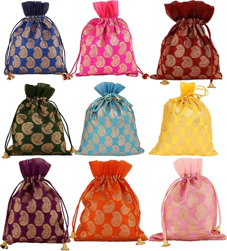 Miniatura 44 de Touchstone Preciosas bolsas de regalo reutilizables, respetuosas con el medio ambiente, brocado de cachemira con cordón grande para cumpleaños