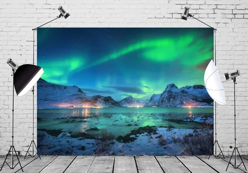 Miniatura 3 de BELECO Telón de fondo de tela de 5 x 3 pies con diseño de aurora boreal, cielo nocturno, montañas cubiertas de nieve, paisaje de lago, cielo