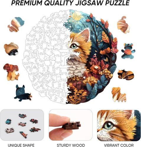 Miniatura 5 de Qiuenisray Rompecabezas de madera, lindo rompecabezas de gato de 500 piezas con forma única, rompecabezas avanzado de madera para juegos familiares