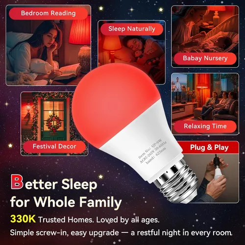 Miniatura 7 de Neporal Bombillas de Luz Roja de 625nm 3W para Dormir, Bombillas de Bloqueo 100% de Luz Azul para Promover la Melatonina, Bombilla LED A19