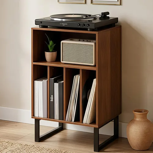 Soporte para tocadiscos con armario de almacenamiento de vinilo, mesa giratoria para álbumes y LPs, consola multimedia moderna | Muebles para sala