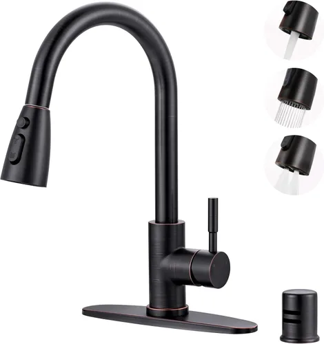 Miniatura 19 de WOWOW - Grifo de cocina cromado con rociador, grifo de fregadero de cocina extraíble de acero inoxidable con placa de cubierta, grifo de cocina