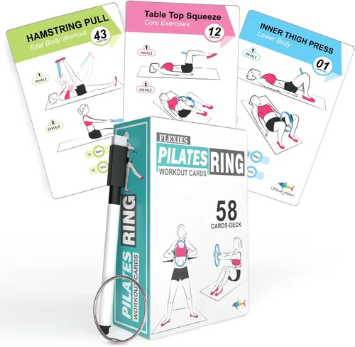 Tarjetas de entrenamiento con anillo de pilates Flexies - 58 tarjetas de ejercicios con anillo de pilates, círculo de pilates, postura de