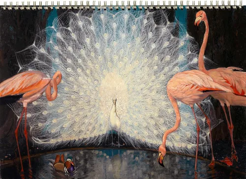 Calendario de pared 2026 [13 páginas de 8 x 12 pulgadas] FANTASTIC BIRDS Vintage Modern Museum Art Retro Poster Peacock Flamingo Loro