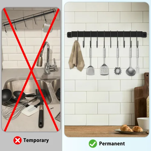 Miniatura 4 de Colgador de cocina montado en la pared con 10 ganchos, riel de cocina de hierro forjado, estante para utensilios, ollas colgantes, sartenes, taza