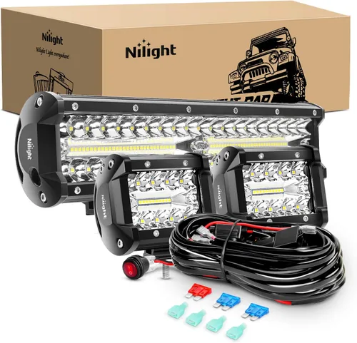 Nilight Juego de barra de luz LED, 300 W, 300 W, triple fila de inundación de foco de trabajo, 2 piezas de 4 pulgadas 60 W triple fila LED con arnés