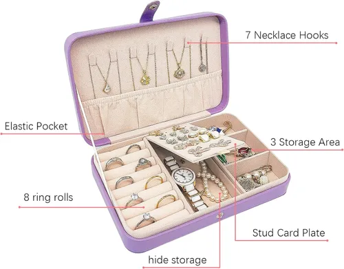 Miniatura 3 de Joyero de viaje, mini organizador portátil con cremallera, de piel sintética sintética, pequeñas cajas de almacenamiento para anillos, aretes