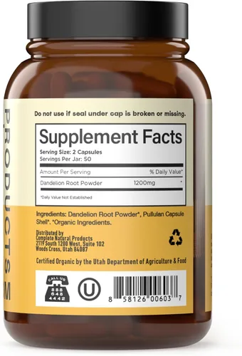 Miniatura 3 de Complete Natural Products Cápsulas de raíz de diente de león puras y orgánicas - Cápsulas de 600 mg 100 píldoras Raíz de diente de león seca