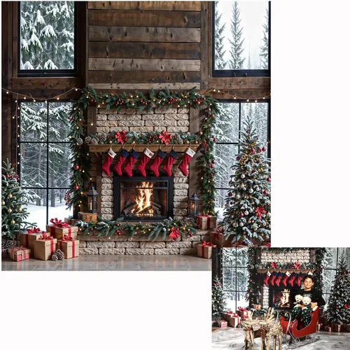 Miniatura 9 de Kate Telones de fondo de Feliz Navidad de 7x5 pies para fotografía, fondo de árboles de Navidad, calcetines de Santa, fondo de chimenea de ladrillo