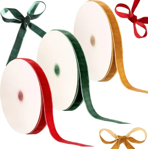 Patelai 3 rollos de cinta de terciopelo de Navidad de 75 yardas, carrete de cinta de terciopelo vintage, rollo de cinta de terciopelo verde, rojo y