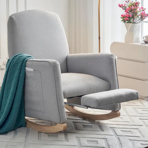 Miniatura 11 de Mecedora moderna para guardería, cómoda silla de guardería con reposapiés, mecedora tapizada con bolsillo, sillón de lectura con base de madera