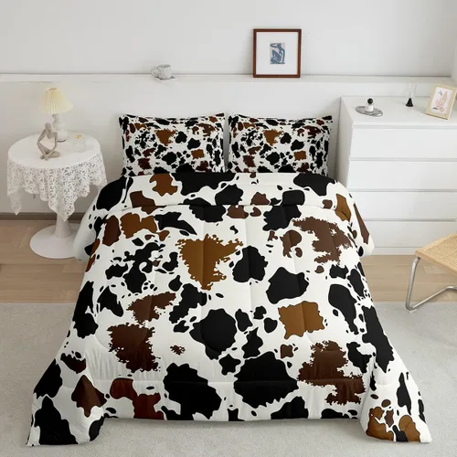 Miniatura 2 de Juego de edredón de piel de vaca, edredón de plumón con estampado de vaca, juegos de ropa de cama de teñido anudado negro y marrón para niños