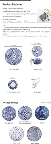 Miniatura 7 de Juego de vajilla de porcelana azul y blanca Gegong, platos, tazón, cuchara, palillos, servicio para 1, juego de cerámica con glaseado colorido