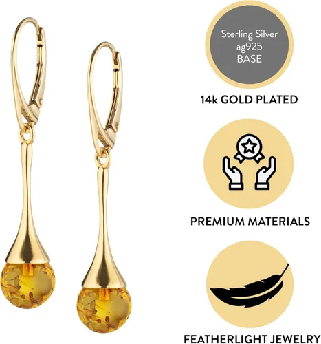 Miniatura 3 de Aretes de ámbar para mujer - Cuenta de bola con plata esterlina ag925 chapada en oro, cierre seguro con cierre de palanca en la parte trasera