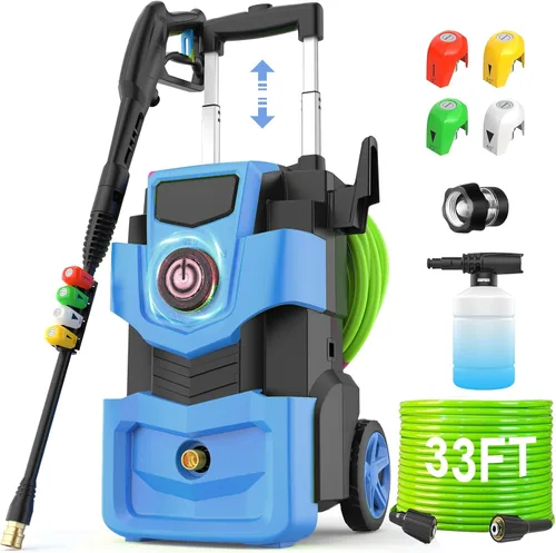 Máquina ajustable con tubo de 33 pies, 4 boquillas, botella de jabón de 16.9 fl oz, ideal para automóviles, patios, vallas, limpieza de jardín, azul