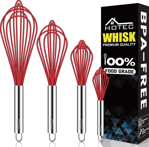Miniatura 10 de HOTEC Juego de 4 batidores de silicona, batidores de alambre para cocinar huevos, batidor de mango antideslizante para utensilios de cocina