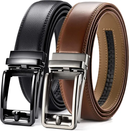 CHAOREN - Cinturones de trinquete con clic para hombre, paquete de 2 - Cinturón de trinquete de cuero para hombre de 1 3/8" para vestir y casual -