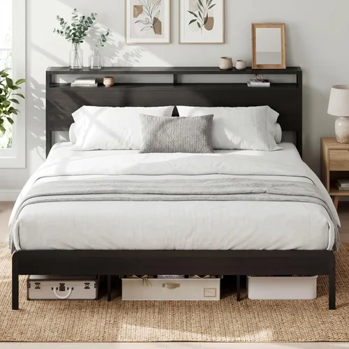 Miniatura 27 de LIKIMIO Marco de Cama King con Cabecero, Marco de Cama King de Madera Oscura con Soportes Fuertes, Resistente, Sin Ruido, No Necesita Somier, Nogal