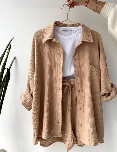 Miniatura 4 de ELLENWELL Conjunto de 2 piezas para mujer, conjunto de ropa de descanso de manga larga con botones y pantalones cortos