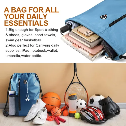 Miniatura 3 de Mochila con cordón, con estilo deportivo, bolsa de gimnasio para mujeres, hombres y niños, bolsa de gran tamaño con zíper y bolsillos de malla