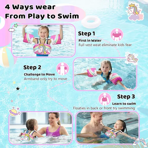 Miniatura 6 de Vvinca Chaleco de natación separable para niños pequeños de 22 a 66 libras (1 a 6 años) Flotador de piscina 3 en 1 y bandas de brazo para niños