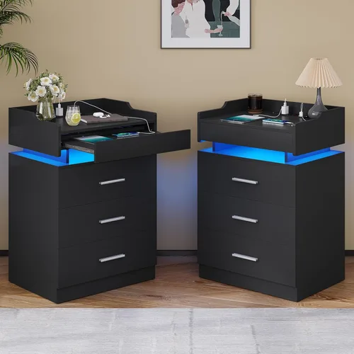 Miniatura 9 de BTHFST Mesita de noche grande con estación de carga y luces LED, mesita de noche negra con 3 cajones y 1 bandeja extraíble, mesa auxiliar