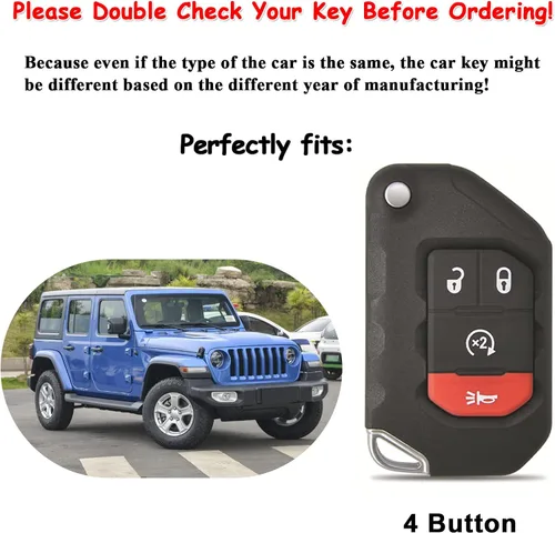 Miniatura 2 de Funda de cuero genuino para llavero de automóvil compatible con Jeep 2018-2024 Gladiator Wrangler Sahara Rubicon 4 botones, color negro
