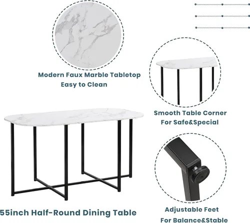 Miniatura 5 de Merax Juego de mesa de comedor moderno de 7 piezas para 6, mesa de mármol MDF sintético, 6 sillas de metal, negro y blanco Negro-blanco